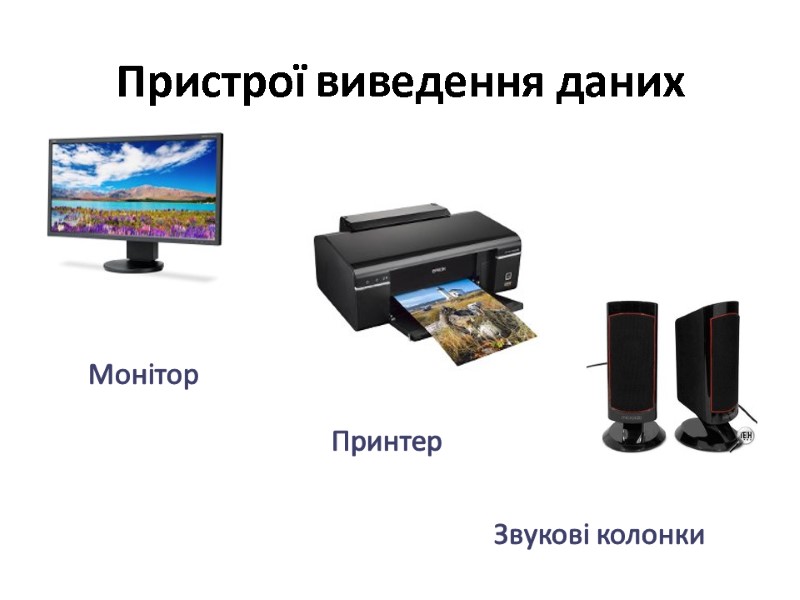 Пристрої виведення даних Монітор  Монітор  Принтер  Звукові колонки